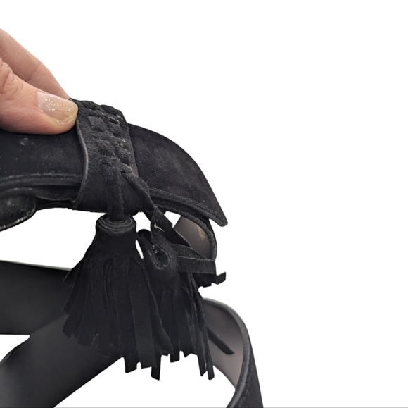 Vintage Express Black Suede Leather Belt Gold Buckle Tassel Boho L - Picture 5 of 6